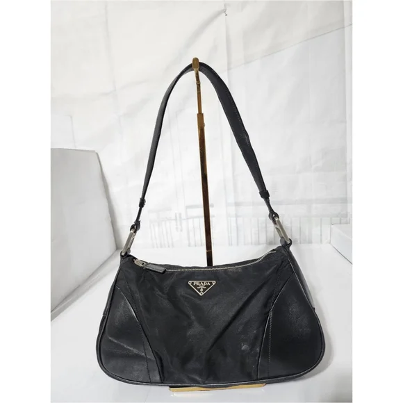 PRADA Tessuto Nylon/ Leather Shoulder Bag Black